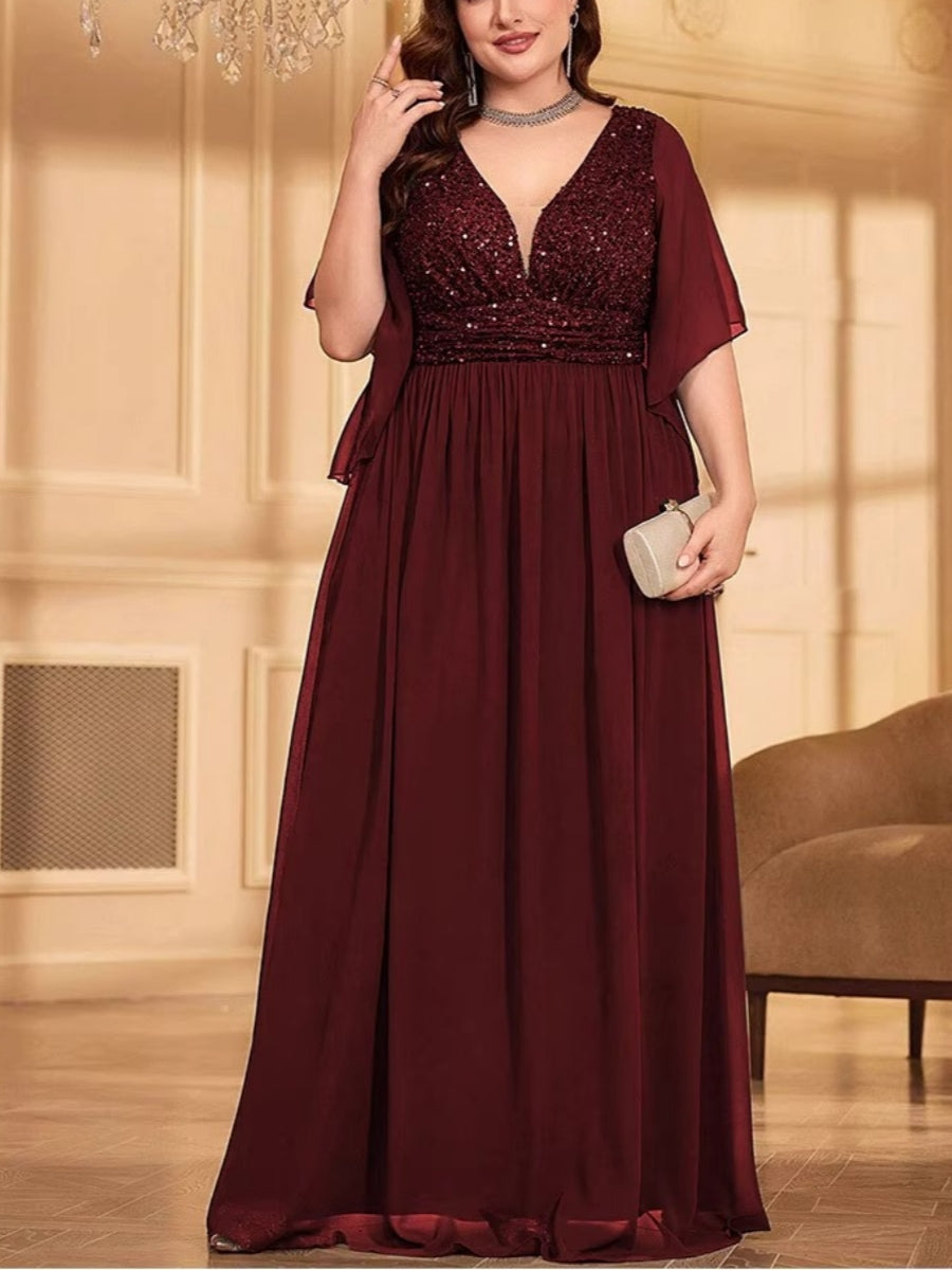 A-Line/Princess Chiffon Short Sleeves V-Neck Plus Size Mother of the Bride Dresses Sequins Floor-Length