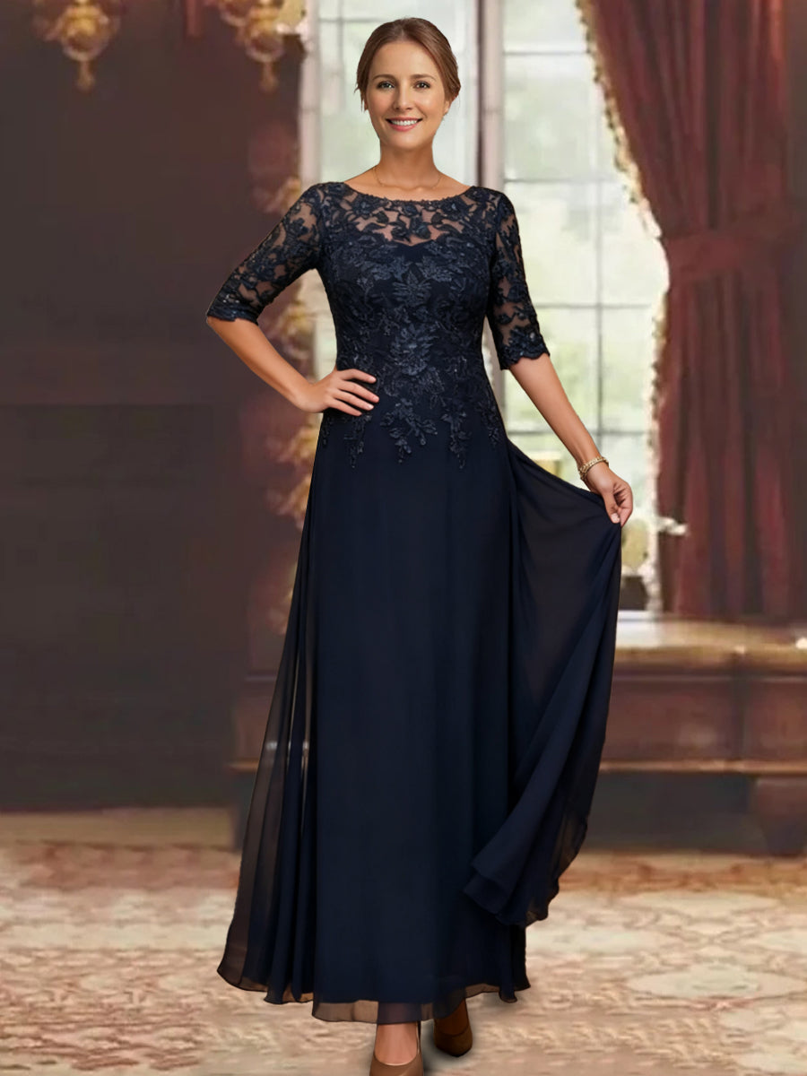Half Sleeves Mother of the Bride Dresses Navy Blue 2026 A-LineChiffon Scoop Formal Dress Lace Ankle-Length Wedding Guest Gowns, As Pic Half Sleeves Mother of the Bride Dresses Navy Blue 2026 A-LineChiffon Scoop Formal Dress Lace Ankle-Length Wedding Guest Gowns, As Pic