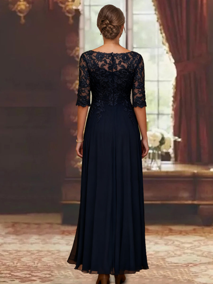 A-Line/Princess Chiffon Scoop Half Sleeves Mother of the Bride Dresses Lace Ankle-Length