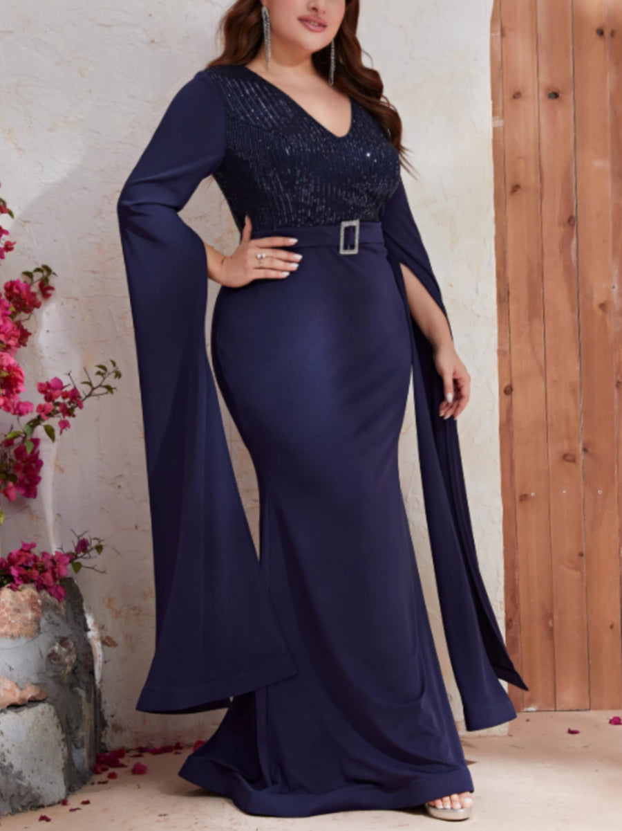 Trumpet/Mermaid V-Neck Long Sleeves Plus Size Mother of the Bride Dresses Sequins Floor-Length