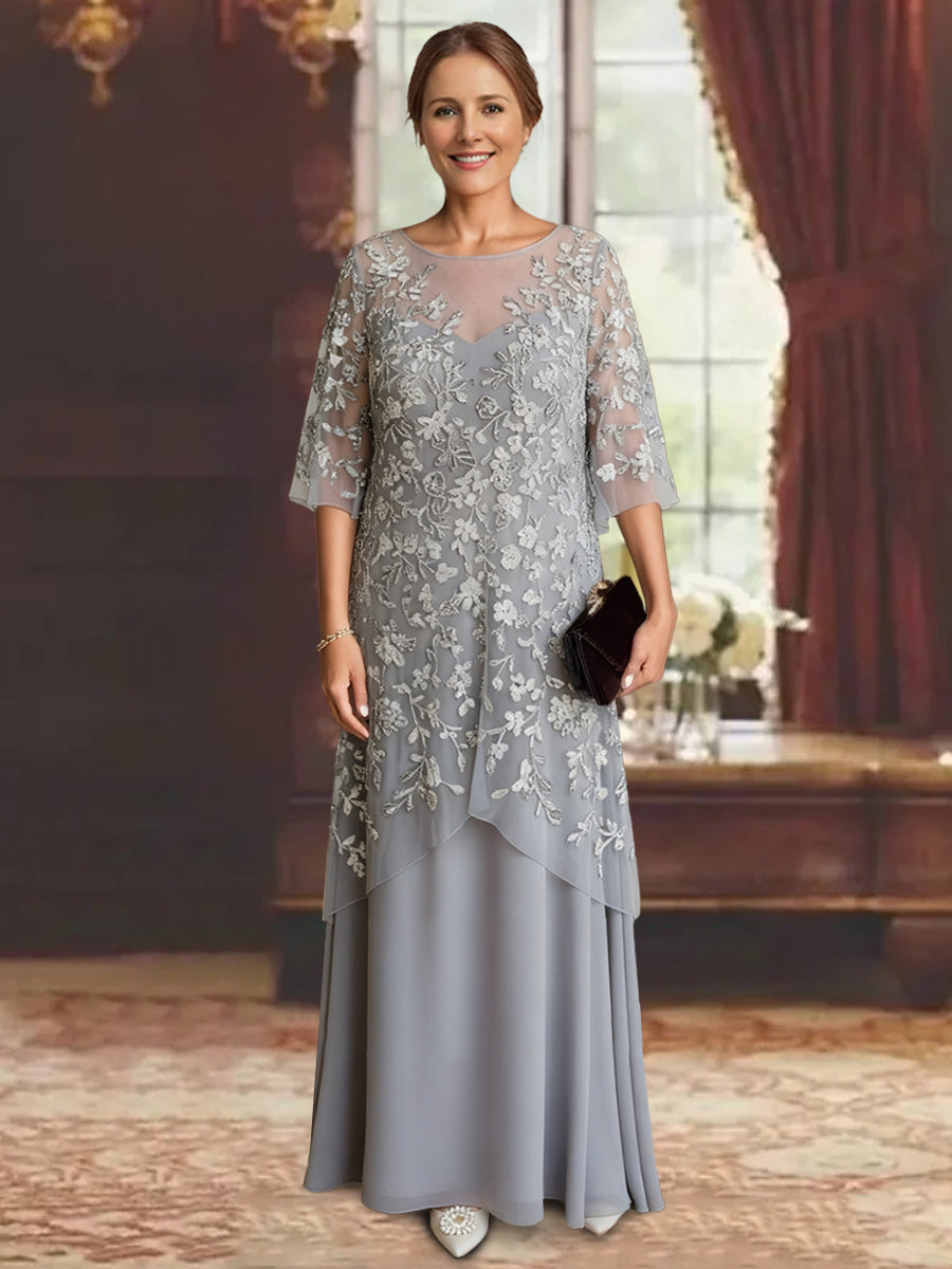 Silver Long Mother of The Bride Dresses 2026 Women's Chiffon Half Sleeves Lace Ankle-Length Formal Wedding Guest Dress, As Pic