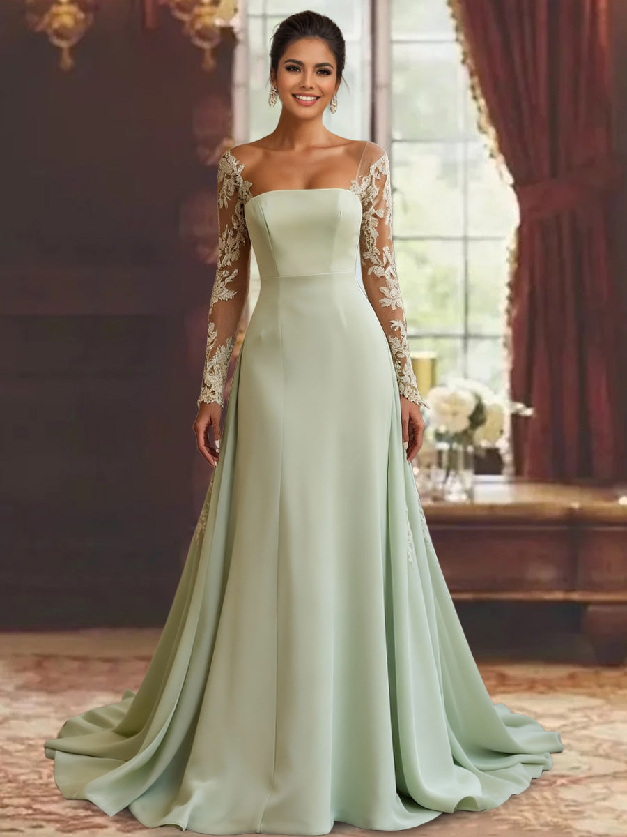 Sage Satin Mother of the Bride & Groom Dresses 2026 Sheath/Column Formal Evening Maxi Gowns with Lace Long Sleeves, Sage Sage Satin Mother of the Bride & Groom Dresses 2026 Sheath/Column Formal Evening Maxi Gowns with Lace Long Sleeves, Sage