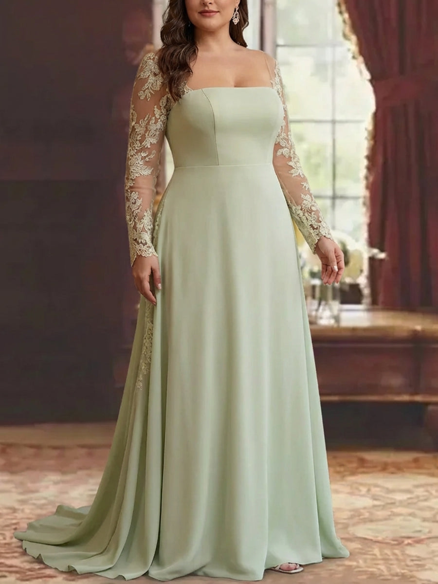 Trumpet/Mermaid Stretch Satin Plus Size Mother of the Bride Dresses Square Collar Long Sleeves Floor-Length Lace Appliques