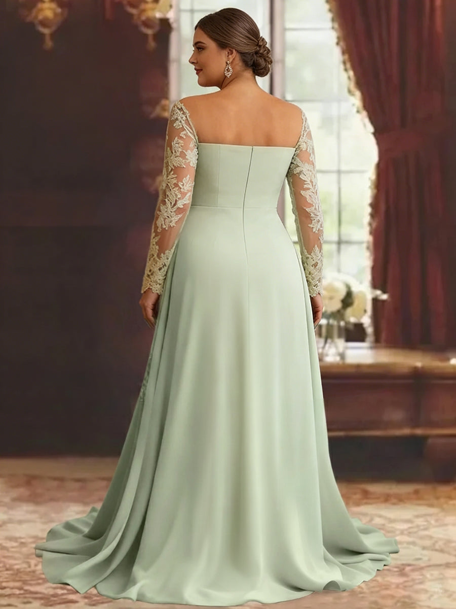 Trumpet/Mermaid Stretch Satin Plus Size Mother of the Bride Dresses Square Collar Long Sleeves Floor-Length Lace Appliques