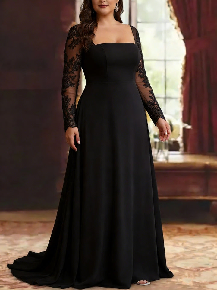 Trumpet/Mermaid Stretch Satin Plus Size Mother of the Bride Dresses Square Collar Long Sleeves Floor-Length Lace Appliques