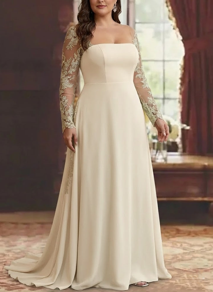 Trumpet/Mermaid Stretch Satin Plus Size Mother of the Bride Dresses Square Collar Long Sleeves Floor-Length Lace Appliques