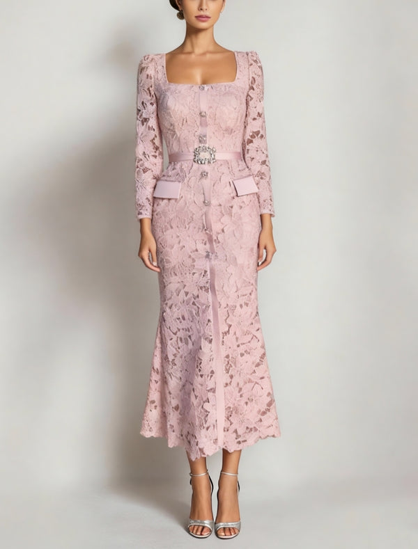 Sheath/Column Lace Long Sleeves Square Collar Mother of the Bride Dresses Floral Ankle-Length