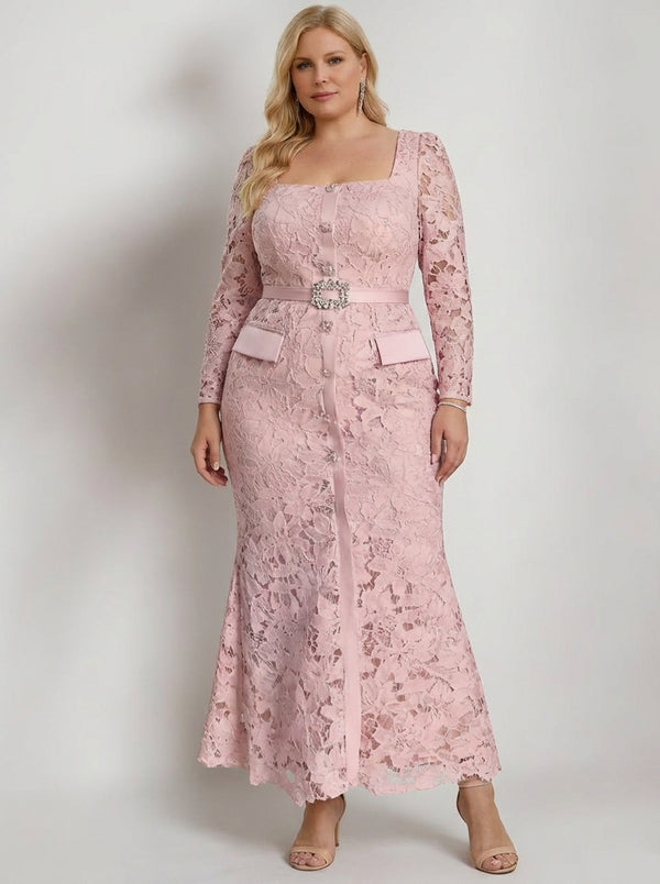 Sheath/Column Lace Square Collar Plus Size Mother of the Bride Dresses Long Sleeves Floral Ankle-Length