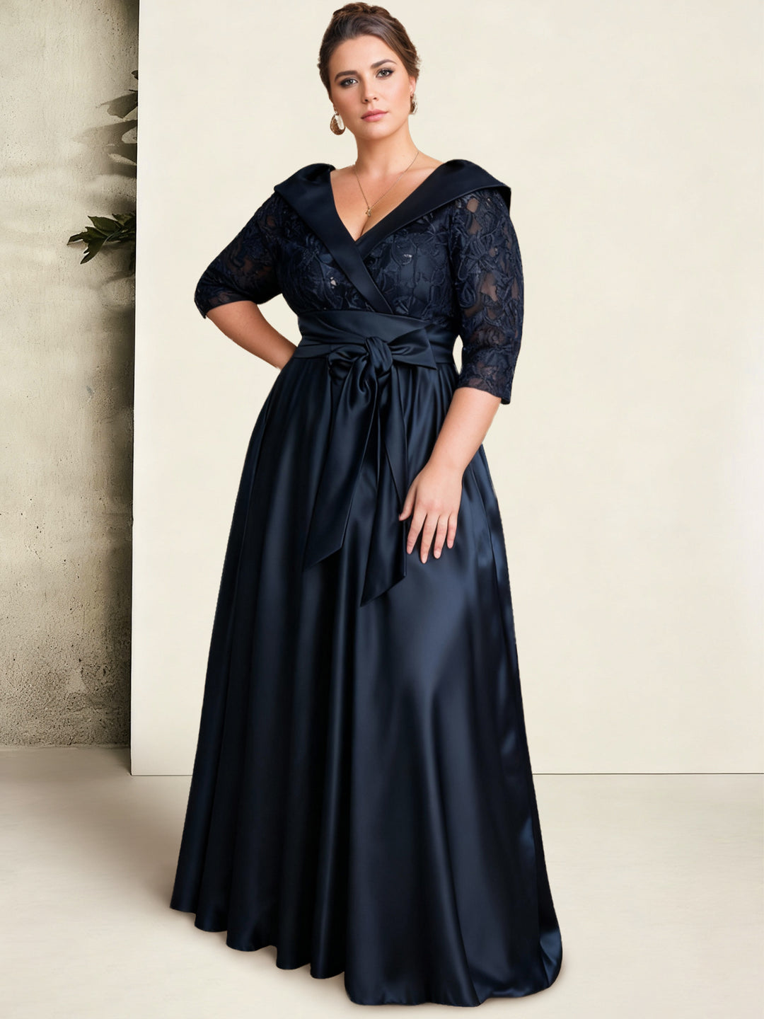 A-Line/Princess V-Neck Plus Size Mother of the Bride Dresses Floor-Length Lace Sequins Bow