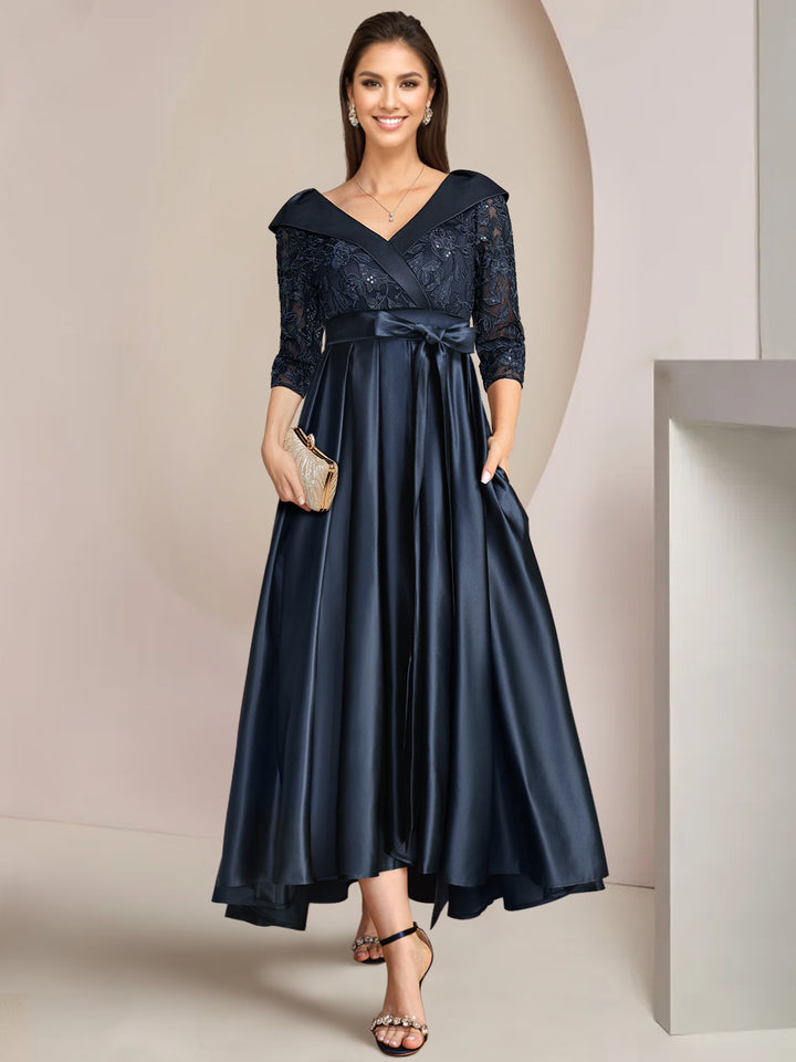 A-Line/Princess V-Neck Mother of the Bride Dresses Asymmetrical Ankle-Length Lace Sequins Bow
