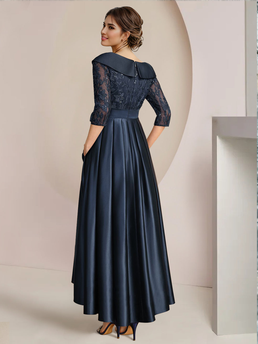 A-Line/Princess V-Neck Mother of the Bride Dresses Asymmetrical Ankle-Length Lace Sequins Bow