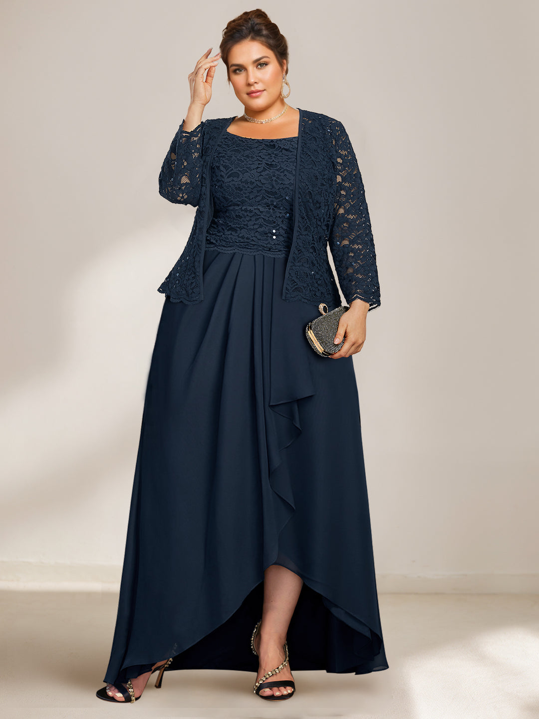 2026 Navy Blue Mother of the Bride Dresses Plus Size 2-Piece Lace Jacket Chiffon High-Low Formal Evening Gown for Wedding Guest, Dark Navy 2026 Navy Blue Mother of the Bride Dresses Plus Size 2-Piece Lace Jacket Chiffon High-Low Formal Evening Gown for Wedding Guest, Dark Navy