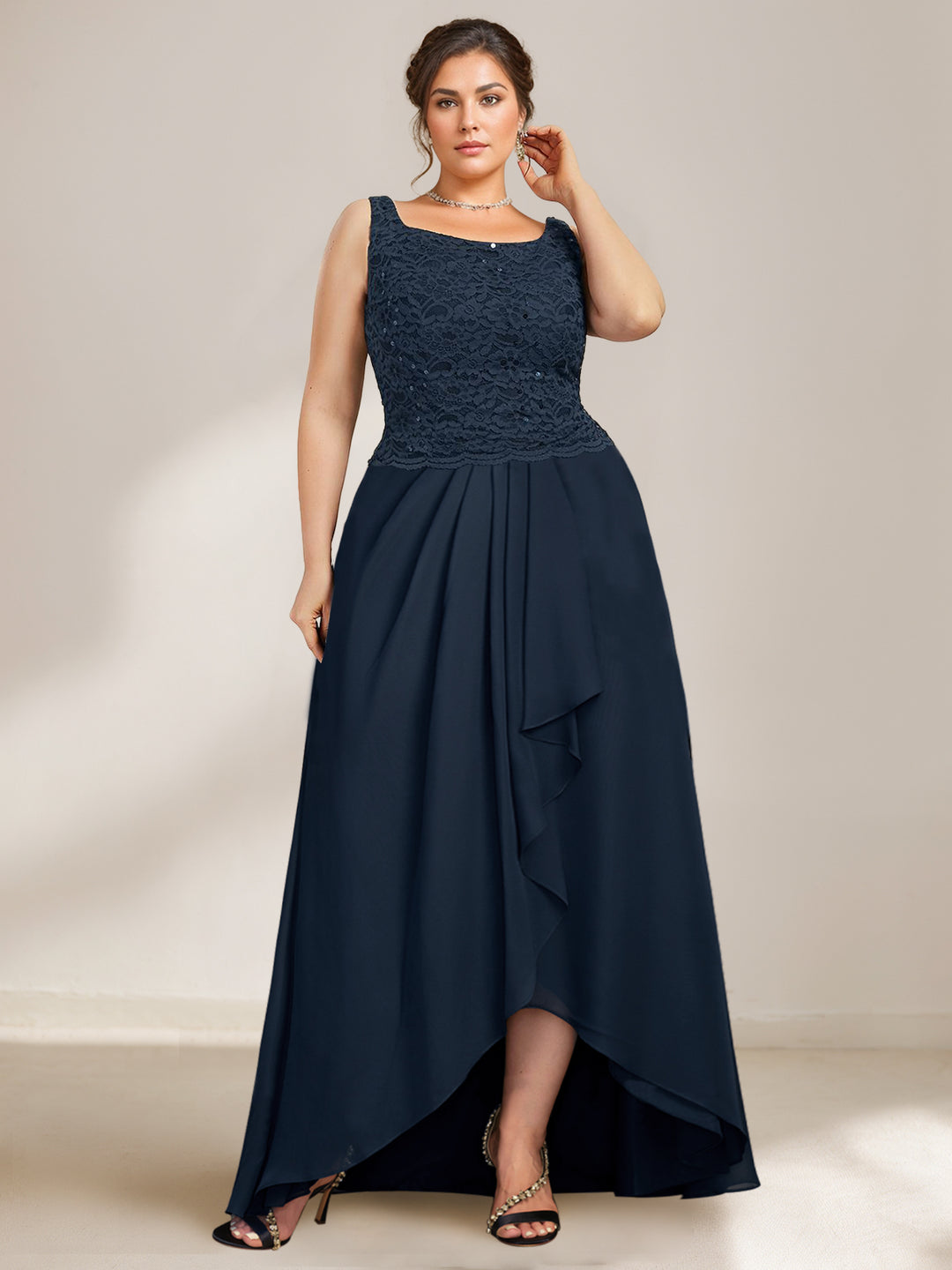 2026 Navy Blue Mother of the Bride Dresses Plus Size 2-Piece Lace Jacket Chiffon High-Low Formal Evening Gown for Wedding Guest, Dark Navy 2026 Navy Blue Mother of the Bride Dresses Plus Size 2-Piece Lace Jacket Chiffon High-Low Formal Evening Gown for Wedding Guest, Dark Navy
