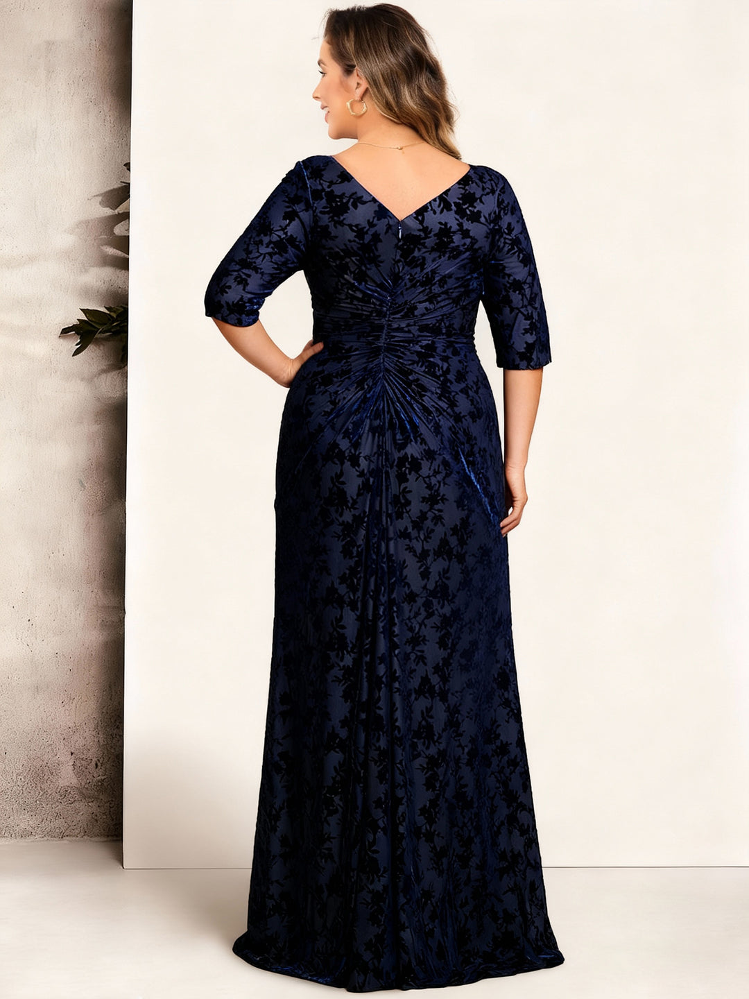 Navy Blue Velvet Mother of the Bride Dresses 2026 Plus Size Floral Maxi Gown V-Neck 3/4 Sleeve Formal Wedding Guest Dress, As Pic Navy Blue Velvet Mother of the Bride Dresses 2026 Plus Size Floral Maxi Gown V-Neck 3/4 Sleeve Formal Wedding Guest Dress, As Pic