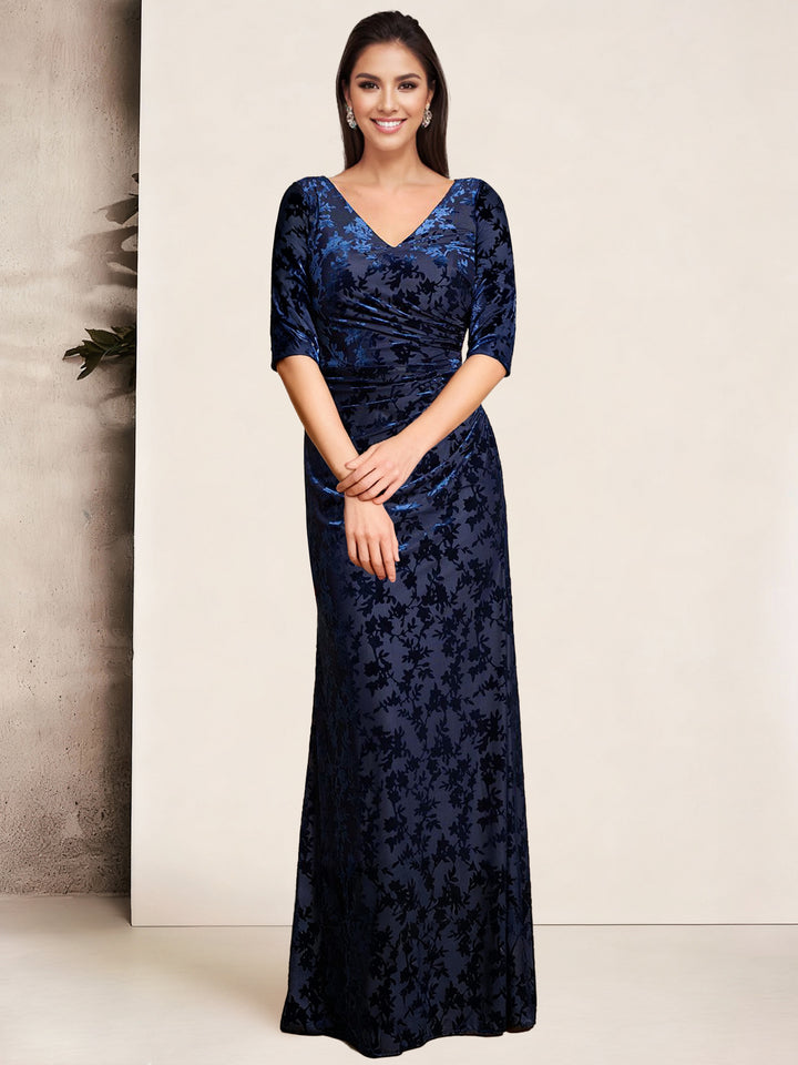 Sheath/Column V-Neck Velvet Floral Mother of the Bride Dresses Pleated