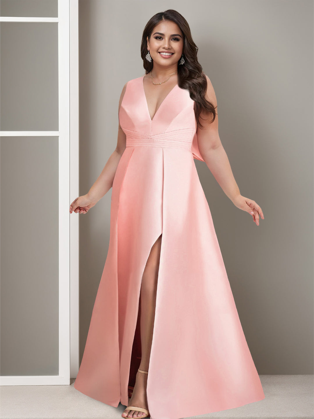 A-Line/Princess V-Neck Satin Plus Size Mother of the Bride Dresses with Bow