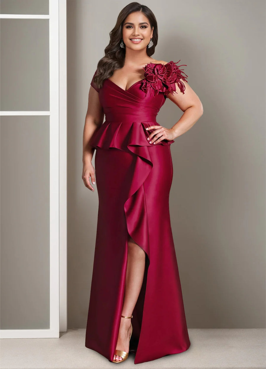 2026 Burgundy Mother of the Bride Dress Satin Evening Gowns Off-Shoulder Ruffle Formal Dress with Floral Shoulder Detail, As Pic 2026 Burgundy Mother of the Bride Dress Satin Evening Gowns Off-Shoulder Ruffle Formal Dress with Floral Shoulder Detail, As Pic