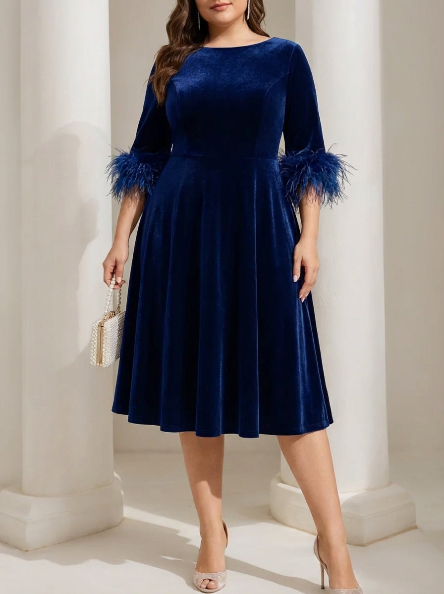 Velvet Midi Mother of the Bride Dress for Women Navy Blue 3/4 Sleeve Feather Cuff Elegant A-Line Cocktail Party Wedding Guest Formal Dress, As Pic