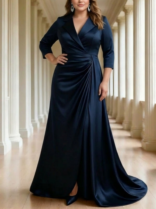 Trumpet/Mermaid V-Neck Satin Plus Size Mother of the Bride Dresses 3/4 Sleeves Floor-Length
