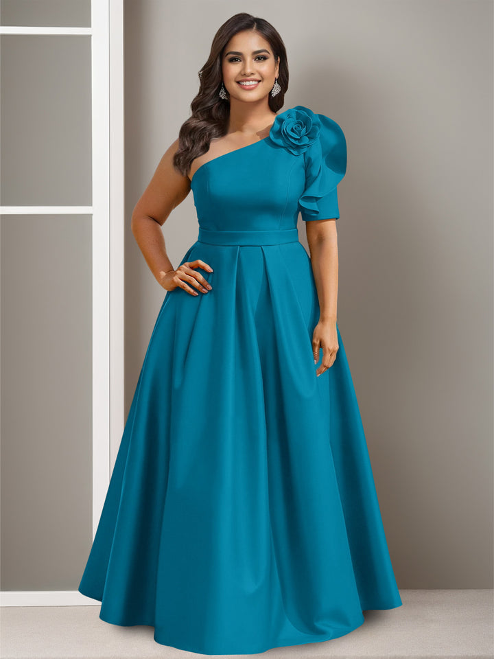 A-Line/Princess One-Shoulder Satin Plus Size Mother of the Bride Dresses With Flower Floor-Length