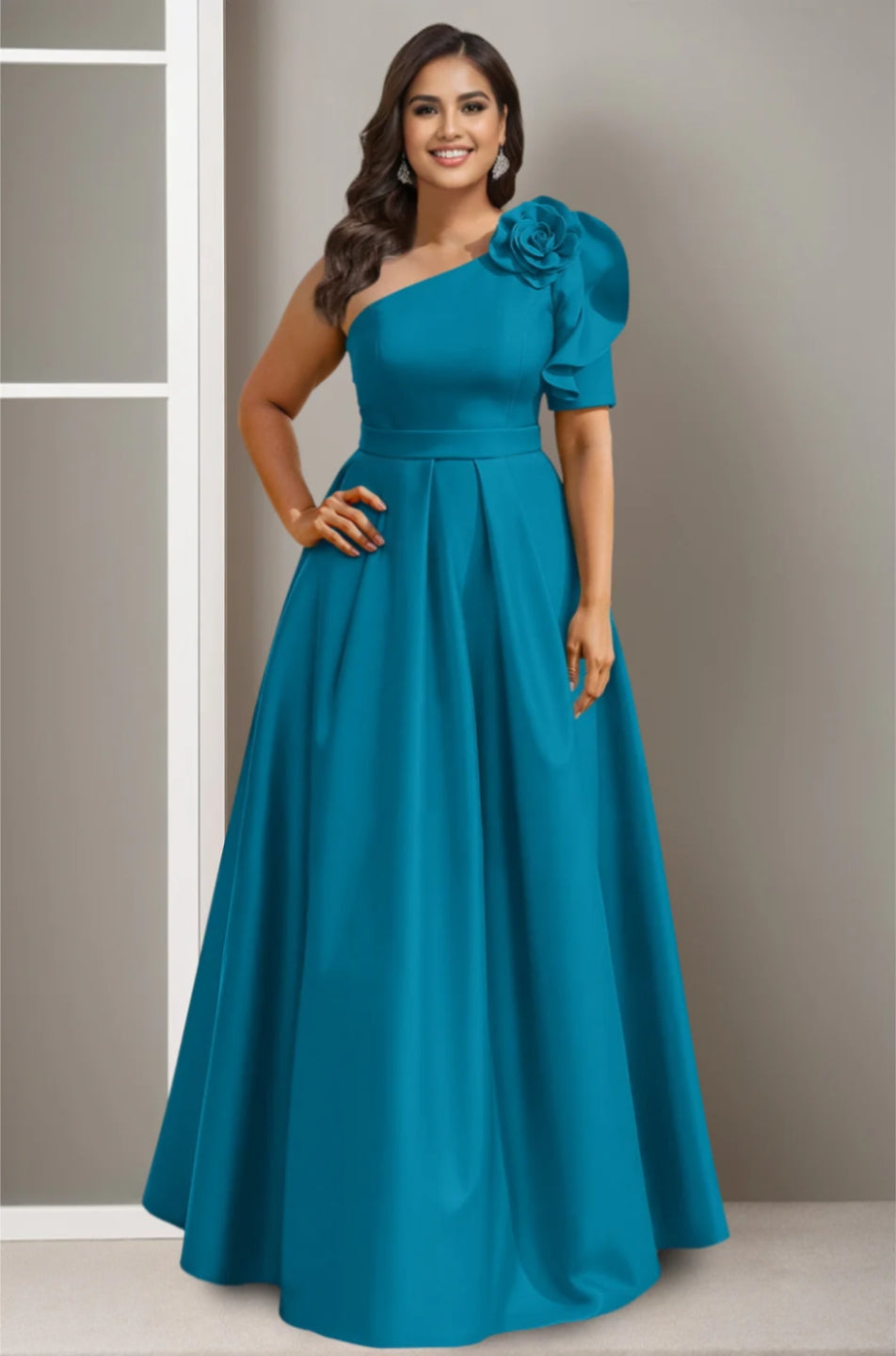 A-Line/Princess One-Shoulder Satin Plus Size Mother of the Bride Dresses With Flower Floor-Length