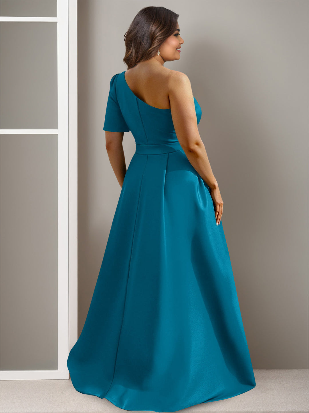 A-Line/Princess One-Shoulder Satin Plus Size Mother of the Bride Dresses With Flower Floor-Length