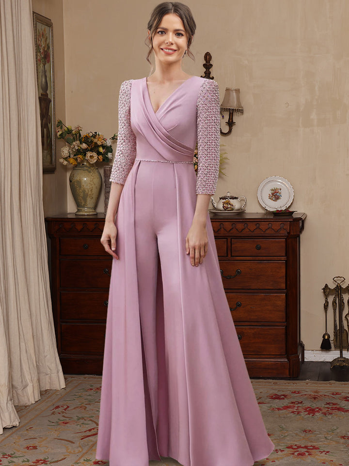 Jumpsuit V-Neck Mother of the Bride Dresses Stretch Satin Floor-Length Half Sleeves Beading