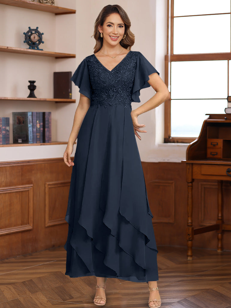 Navy Blue Mother of the Bride Dresses 2026 Elegant Chiffon A-Line V-Neck Flutter Sleeves Layered Formal Evening Gown with Lace Bodice, Dark Navy