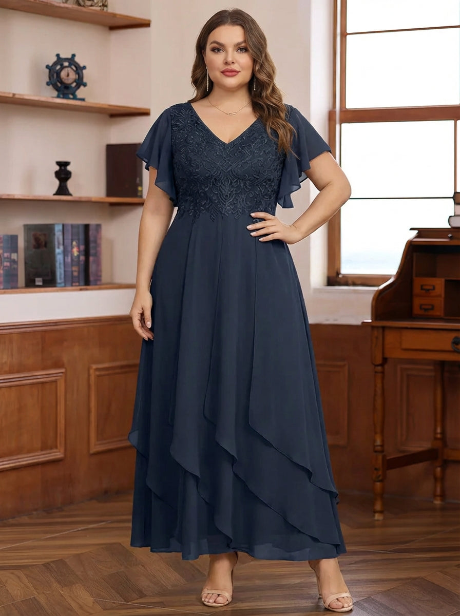 A-Line/Princess Chiffon V-Neck Plus Size Mother of the Bride Dresses Lace Ankle-Length Short Sleeves Ruffles