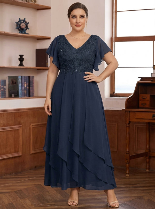 A-Line/Princess Chiffon V-Neck Plus Size Mother of the Bride Dresses Lace Ankle-Length Short Sleeves Ruffles