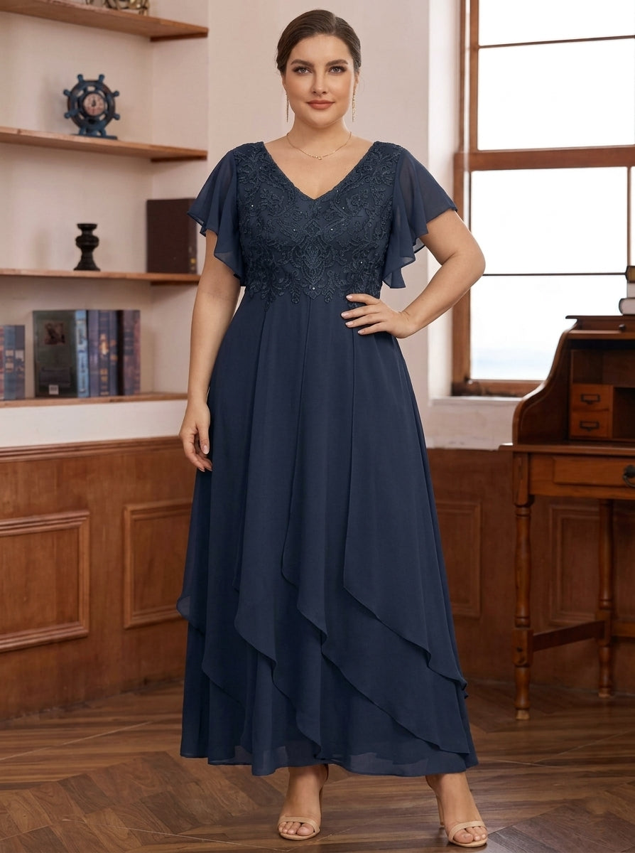 A-Line/Princess Chiffon V-Neck Plus Size Mother of the Bride Dresses Lace Ankle-Length Short Sleeves Ruffles, Dark Navy