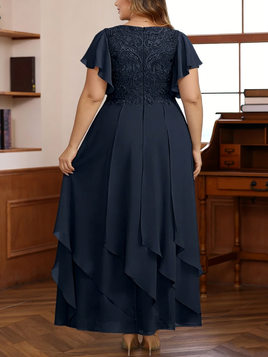 A-Line/Princess Chiffon V-Neck Plus Size Mother of the Bride Dresses Lace Ankle-Length Short Sleeves Ruffles