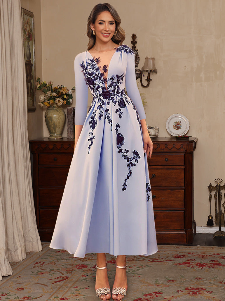 A-Line/Princess V-Neck Satin Mother of the Bride Dresses Lace Pleated 3/4 Sleeves Ankle-Length