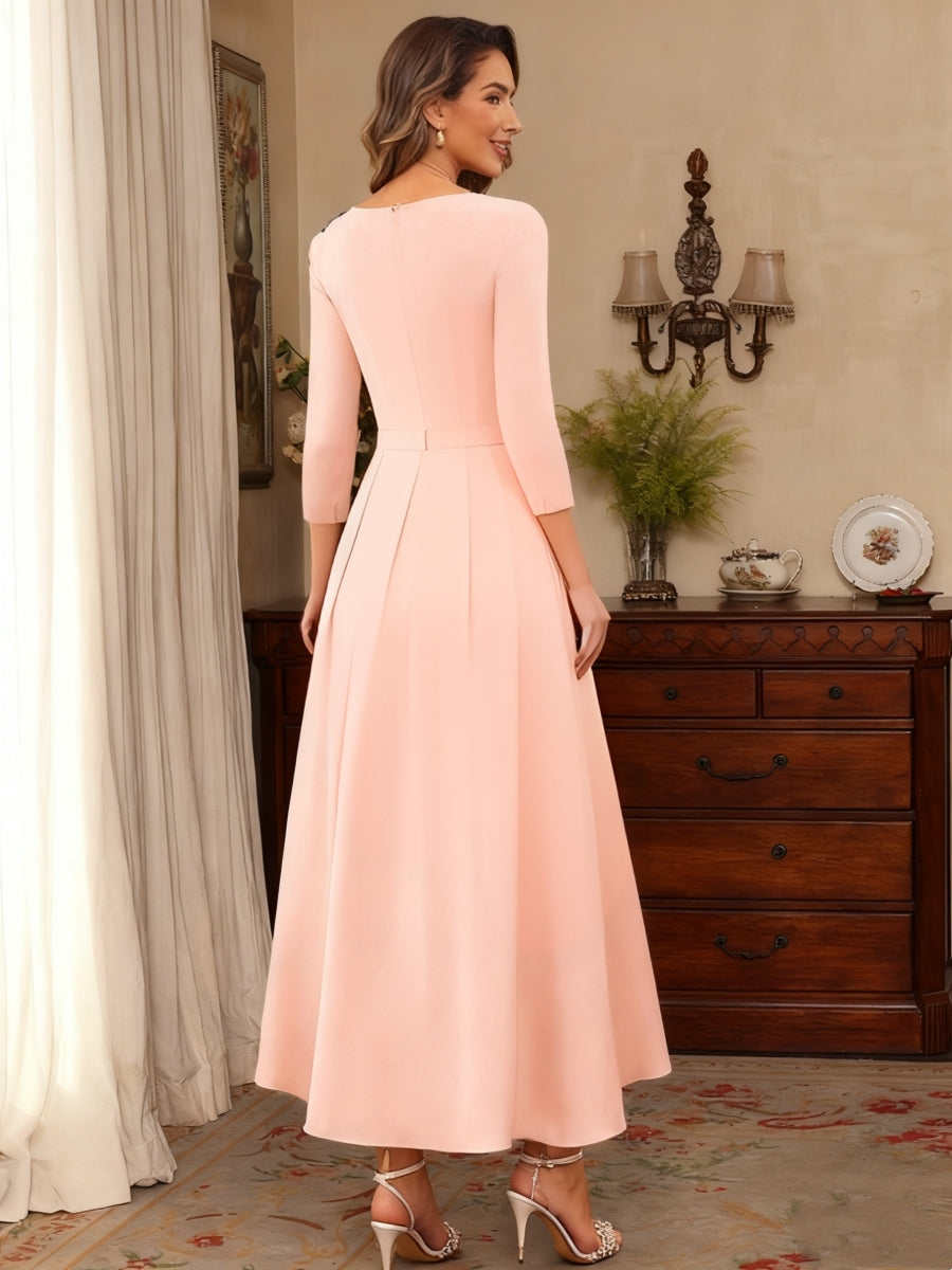 A-Line/Princess V-Neck Satin Mother of the Bride Dresses Lace Pleated 3/4 Sleeves Ankle-Length