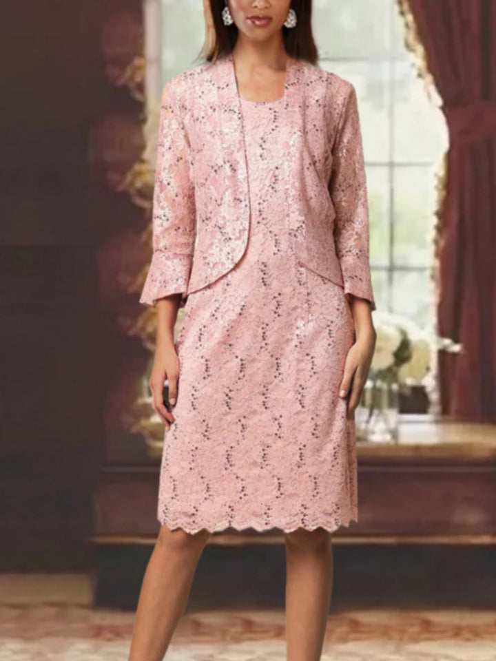 Sheath/Column 2 Pieces Lace Scoop Mother of the Bride Dresses with Jacket Long Sleeves Knee-Length
