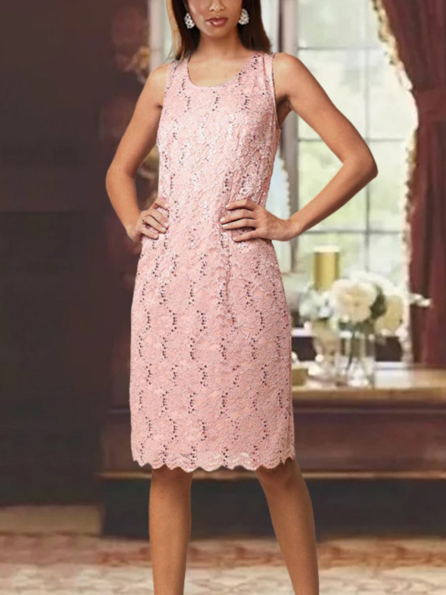 Sheath/Column 2 Pieces Lace Scoop Mother of the Bride Dresses with Jacket Long Sleeves Knee-Length