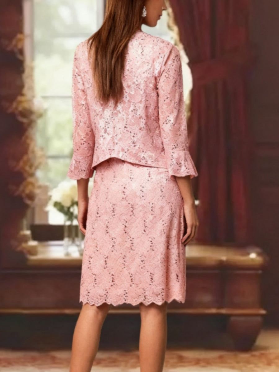 Sheath/Column 2 Pieces Lace Scoop Mother of the Bride Dresses with Jacket Long Sleeves Knee-Length