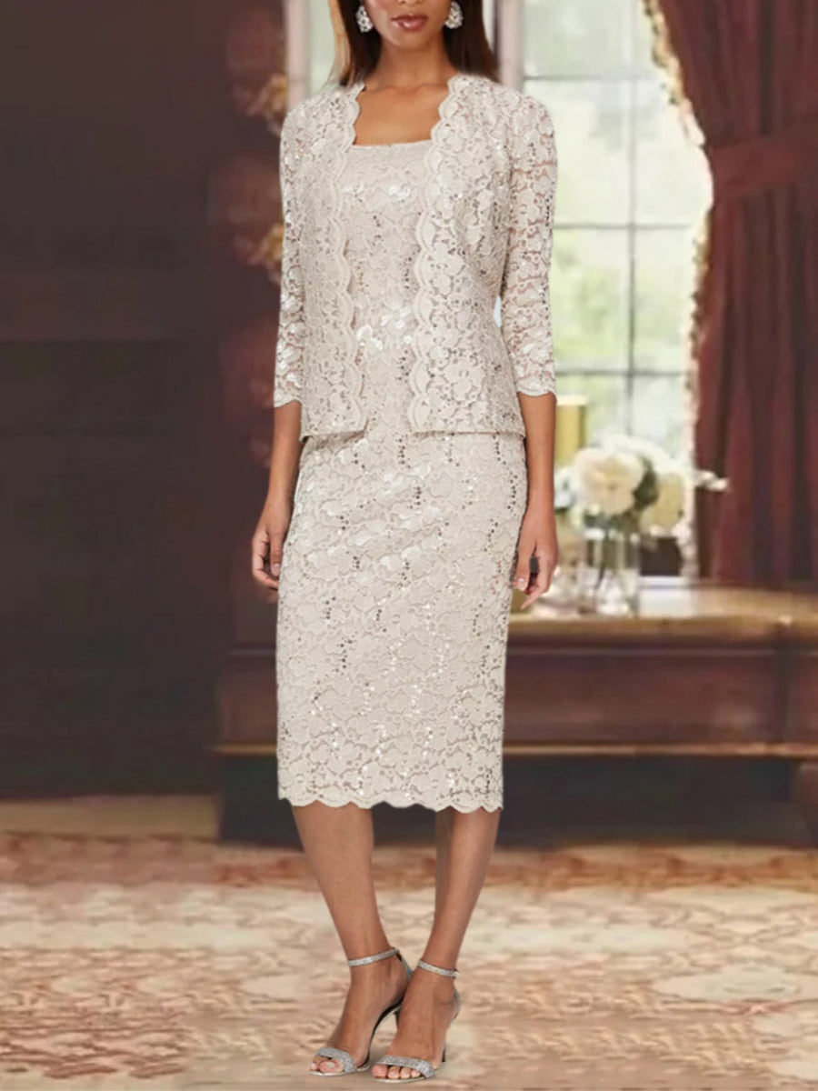 Sheath/Column 2 Pieces Scoop Lace Mother of the Bride Dresses with Jacket 3/4 Sleeves Knee-Length