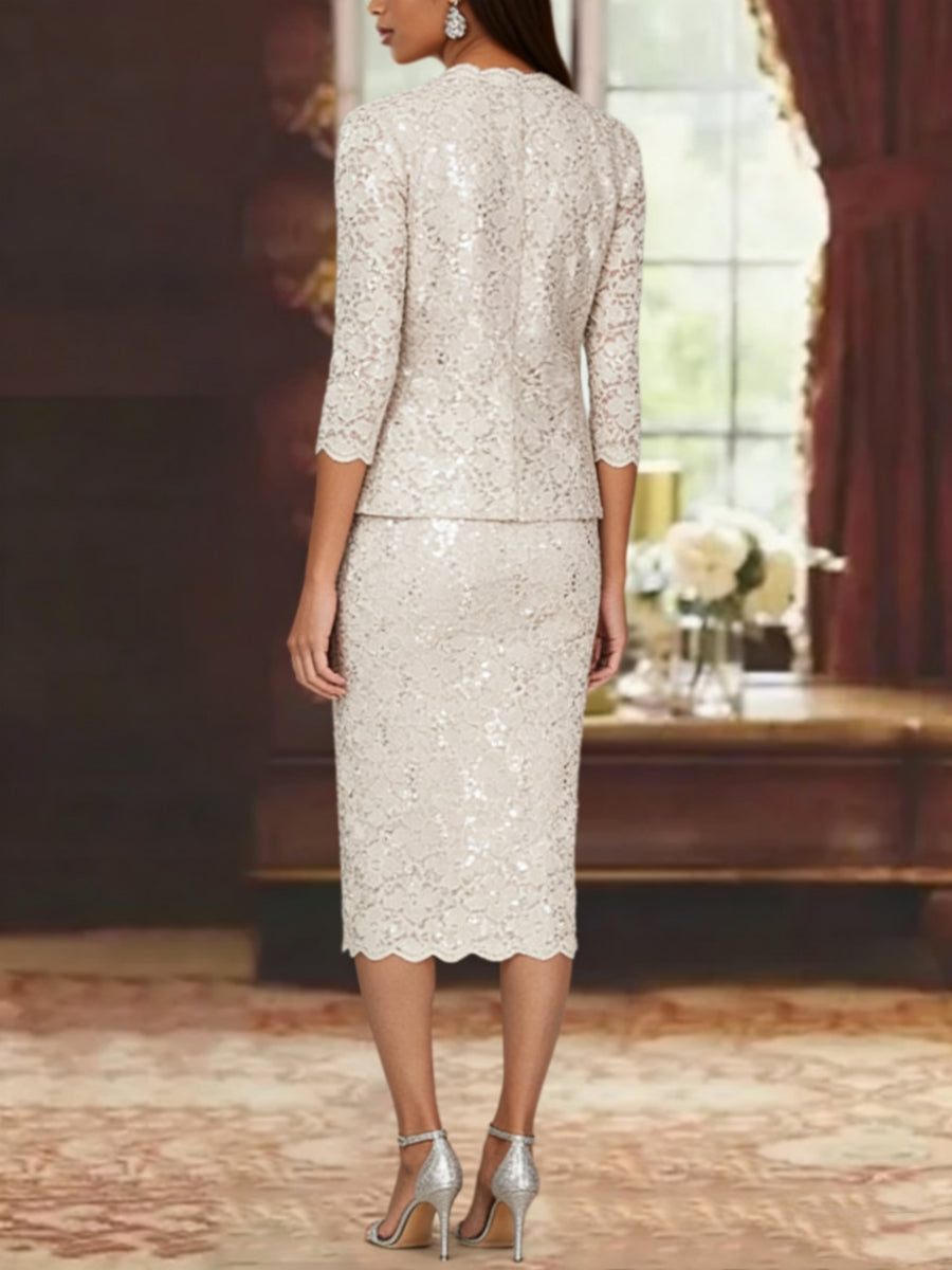 Sheath/Column 2 Pieces Scoop Lace Mother of the Bride Dresses with Jacket 3/4 Sleeves Knee-Length