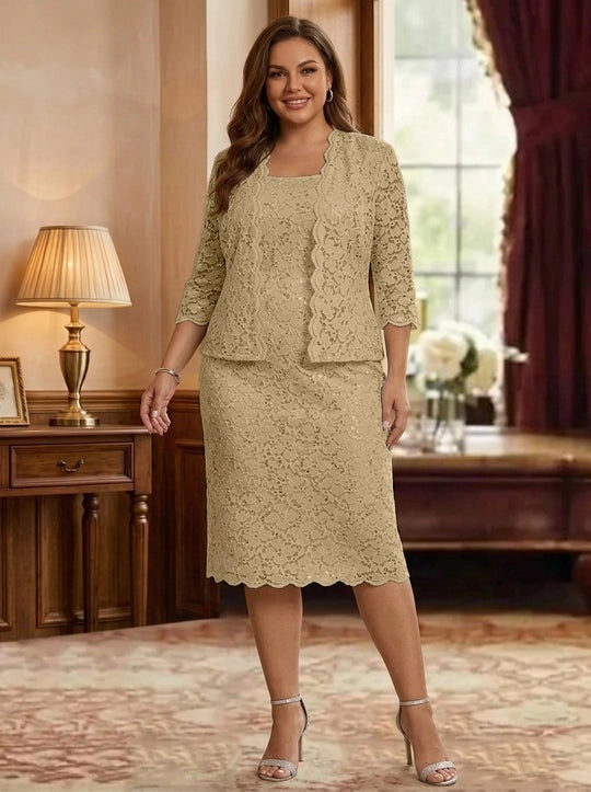 knee length mother of the bride dresses plus size 2026 Champagne Lace Dress Knee-Length 2-Piece Jacket Outfit Elegant Sequins Wedding Guest Formal Dress, Champagne Color:custom color 3/4 Sleeves goose birthday outfit Mandy Overall Dress