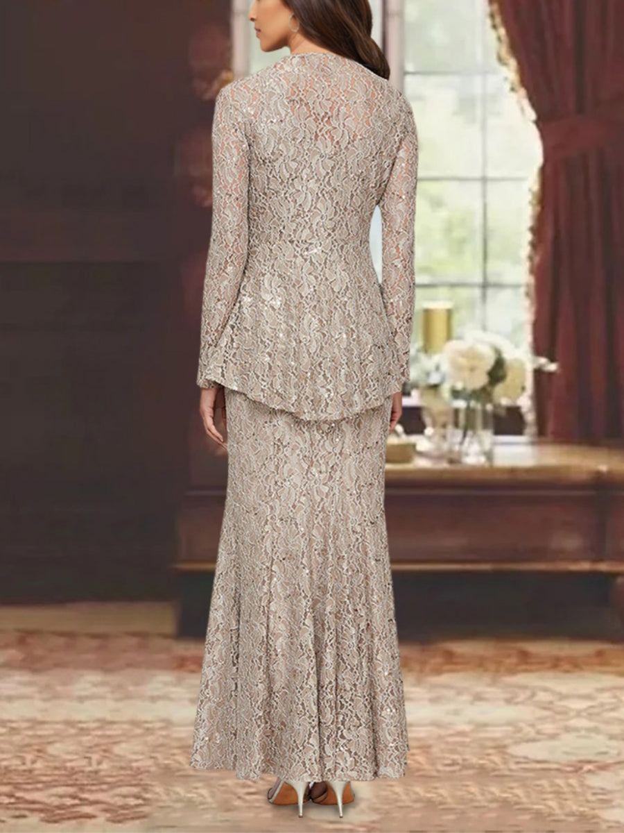 A-Line/Princess 2 Pieces Scoop Lace Mother of the Bride Dresses with Jacket Long Sleeves Ankle-Length
