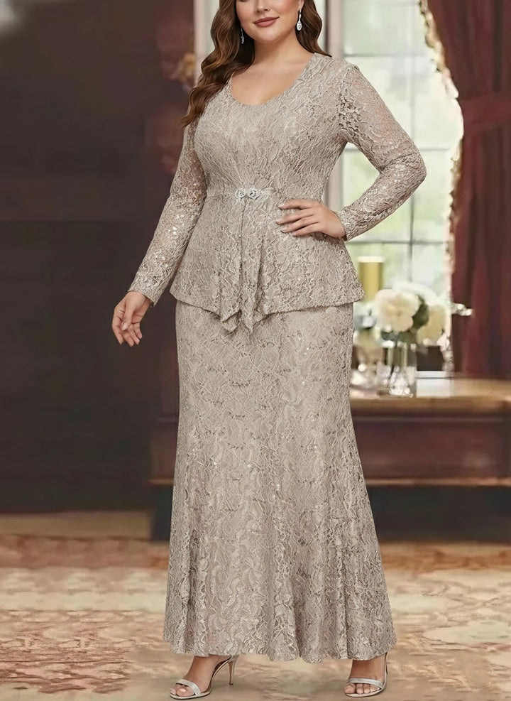 A-Line/Princess 2 Pieces Scoop Lace Plus Size Mother of the Bride Dresses with Jacket Long Sleeves Ankle-Length