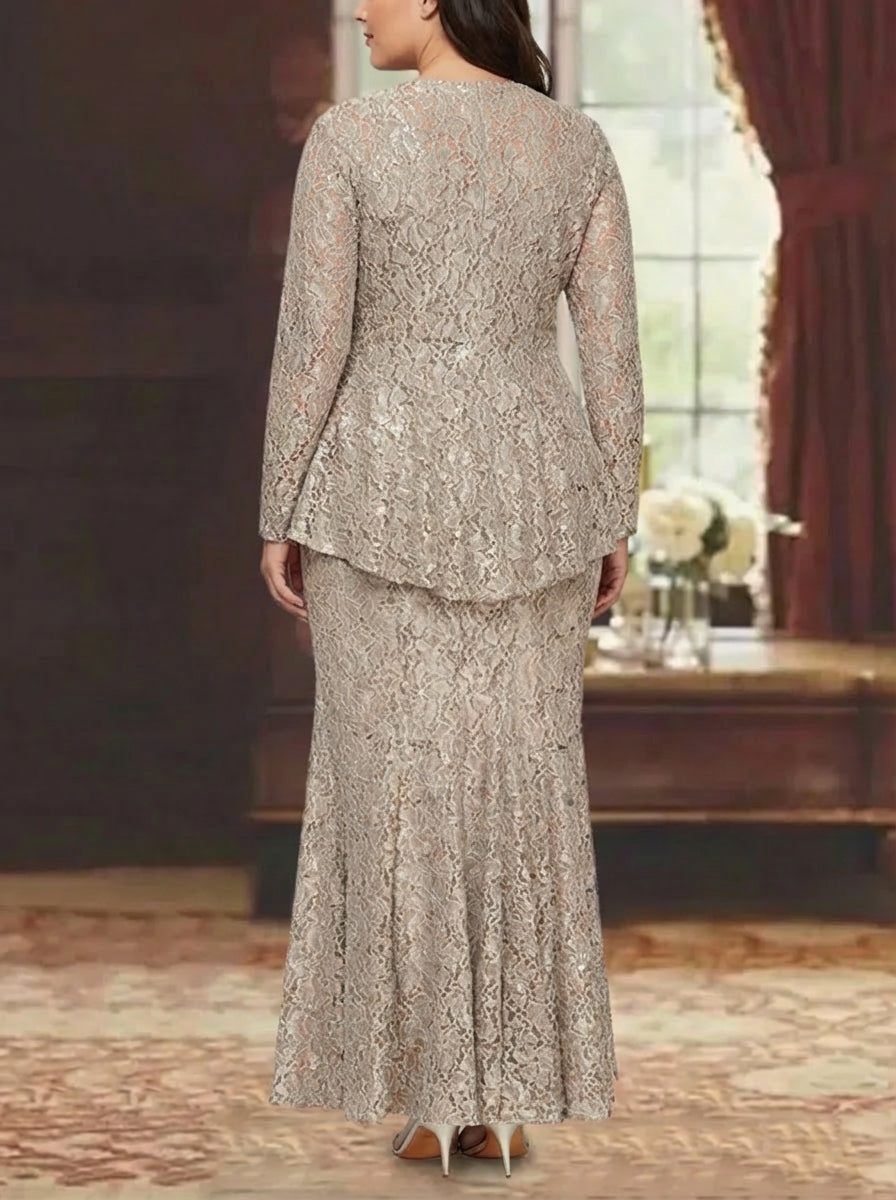 A-Line/Princess 2 Pieces Scoop Lace Plus Size Mother of the Bride Dresses with Jacket Long Sleeves Ankle-Length