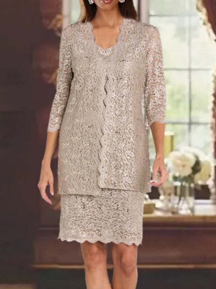 Sheath/Column 2 Pieces Lace Mother of the Bride Dresses with Jacket Beading 3/4 Sleeves Knee-Length