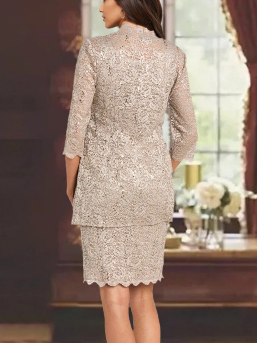 Sheath/Column 2 Pieces Lace Mother of the Bride Dresses with Jacket Beading 3/4 Sleeves Knee-Length