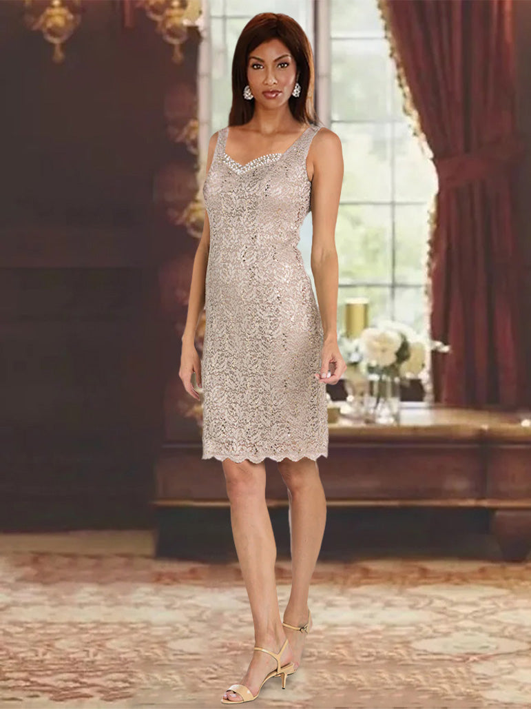 Sheath/Column 2 Pieces Lace Mother of the Bride Dresses with Jacket Beading 3/4 Sleeves Knee-Length