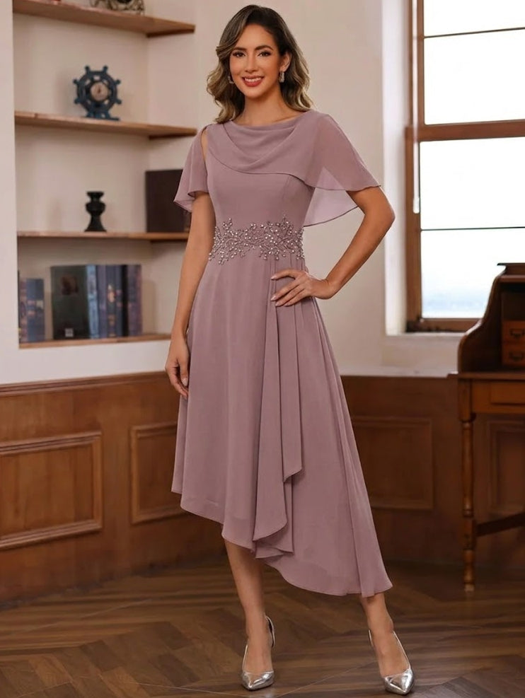 A-Line/Princess Chiffon Mother of the Bride Dresses Asymmetrical Tea-Length Beading Ruffles