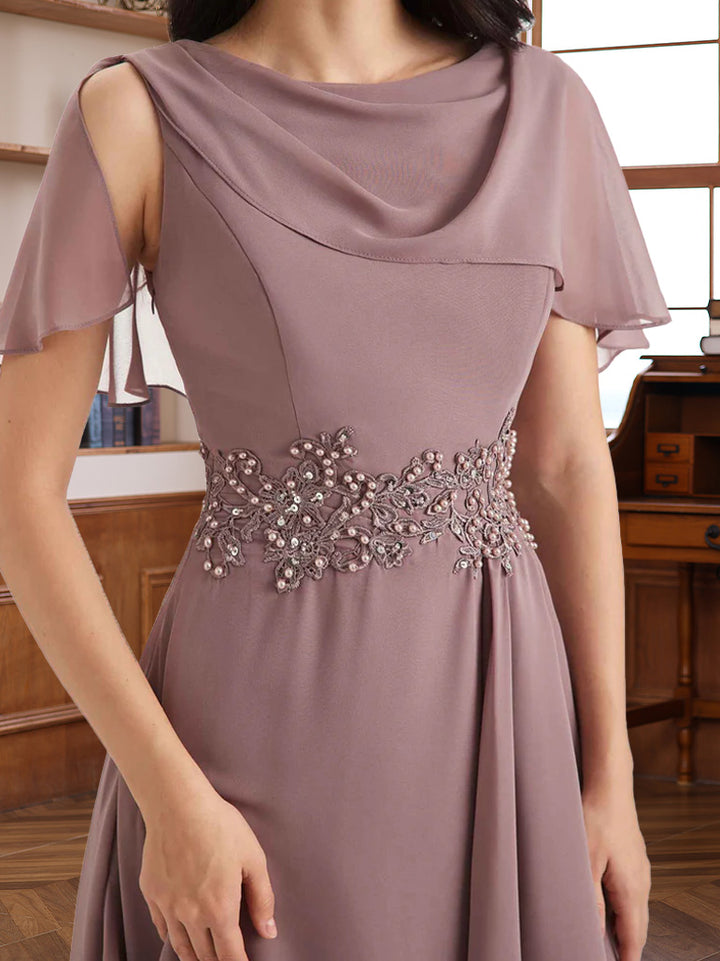 A-Line/Princess Chiffon Mother of the Bride Dresses Asymmetrical Tea-Length Beading Ruffles