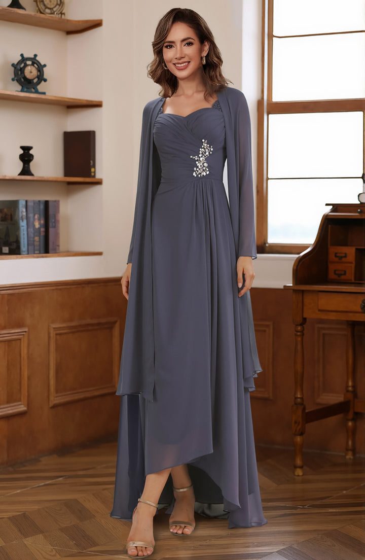 A-Line/Princess 2 Pieces Chiffon Sweetheart Mother of the Bride Dresses with Jacket Ankle-Length Long Sleeves