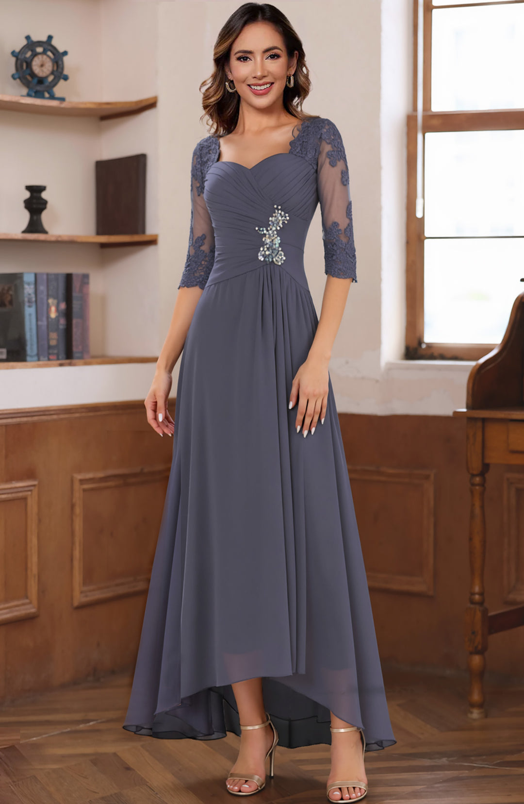 Mother of the Bride Dresses 2026 Elegant Chiffon A-Line Sweetheart Neck Long Sleeve Jacket Formal Evening Gown with Beaded Appliques, Stormy